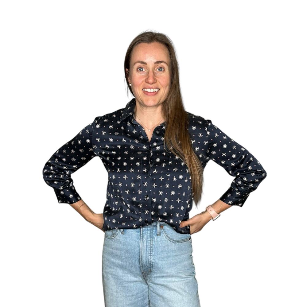 ANINE BING Billie Medallion Print Silk Button Front Blouse Women's Size XS Blue